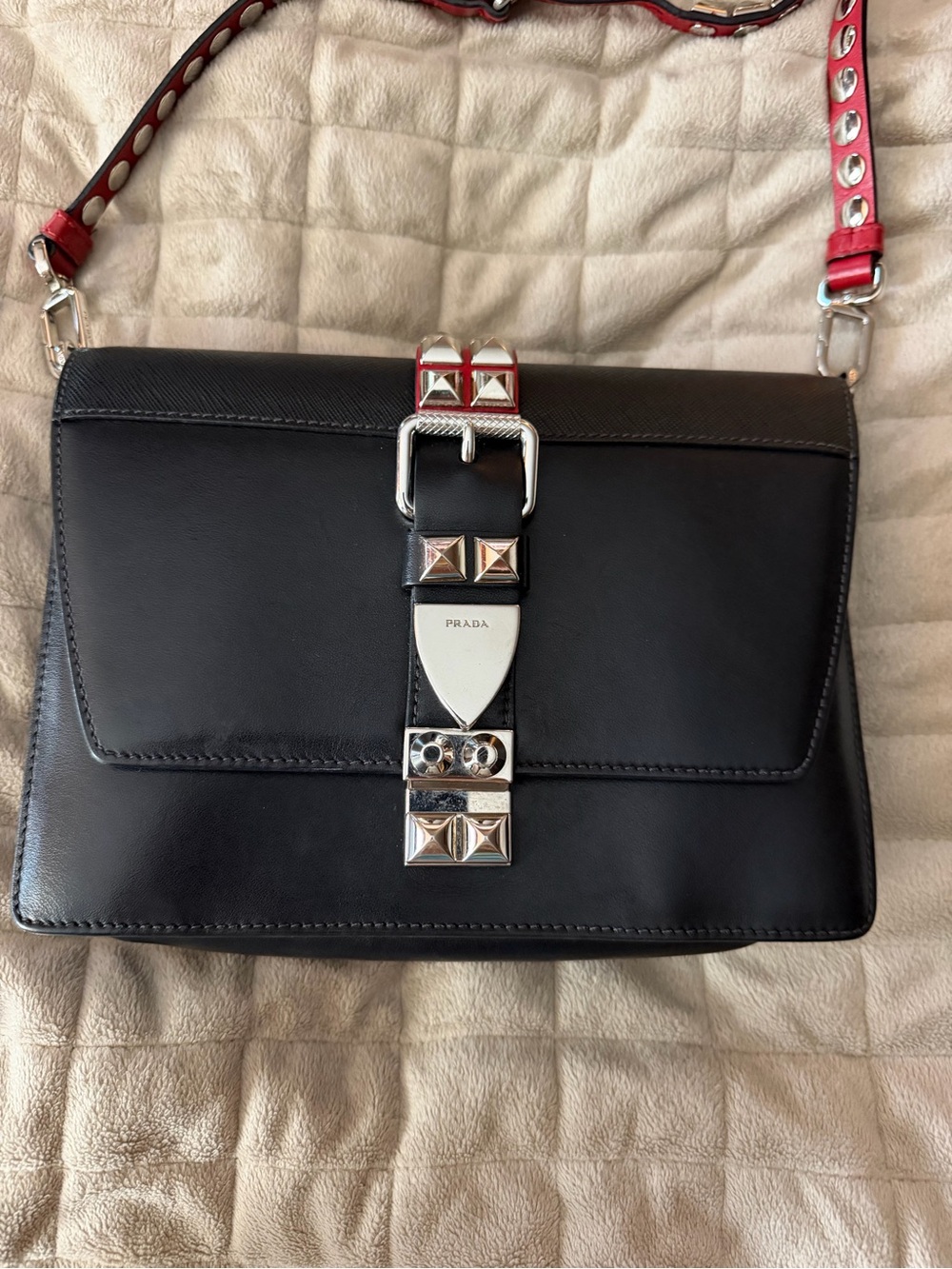 Prada Black Leather Crossbody w/Red Leather Silver-Tone Studded Strap & Accents! - Picture 2 of 15
